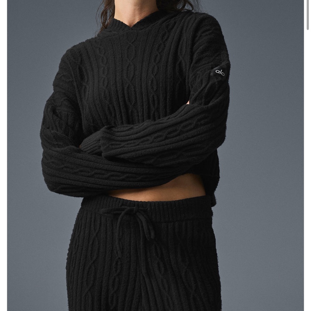 ALO Yoga Black Cable Knit Sweater and Pant Set